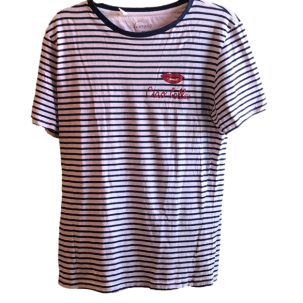 BLUE&WHITE Striped 100% Cotton T-Shirt w/ “Ciao Bella” insignia (Size M)